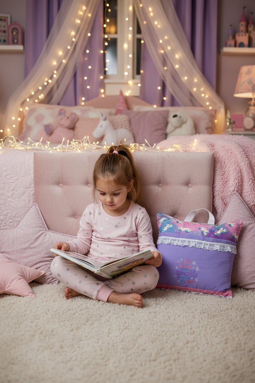 She Leaves a Little Sparkle Unicorn Reading Pillow Cover | Inspirational Unicorn Book Pillow with Pocket & Handle | Handmade Reading Cushion for Kids