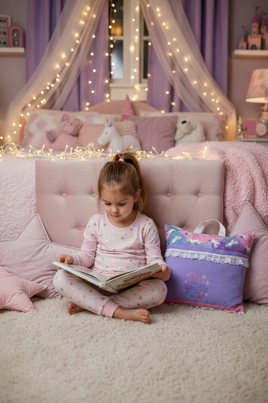 She Leaves a Little Sparkle Unicorn Reading Pillow Cover | Inspirational Unicorn Book Pillow with Pocket & Handle | Handmade Reading Cushion for Kids