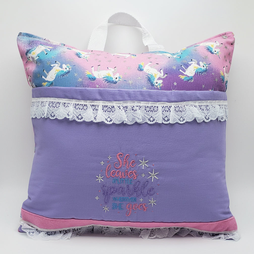 She Leaves a Little Sparkle Unicorn Reading Pillow Cover | Inspirational Unicorn Book Pillow with Pocket & Handle | Handmade Reading Cushion for Kids