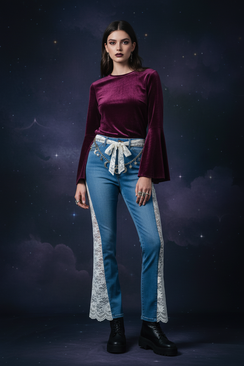 Whimsigoth 90s witchy chic mixed with celestial boho textures Upcycled Jeans