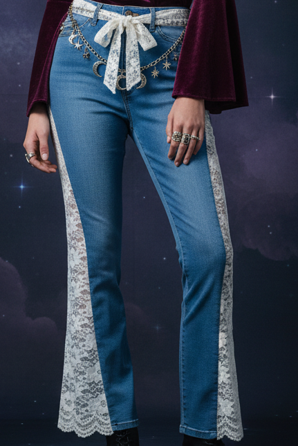 Reworked Fashion Nova Lace Flare Denim Jean Overlays & Matching Lace Tie Belt