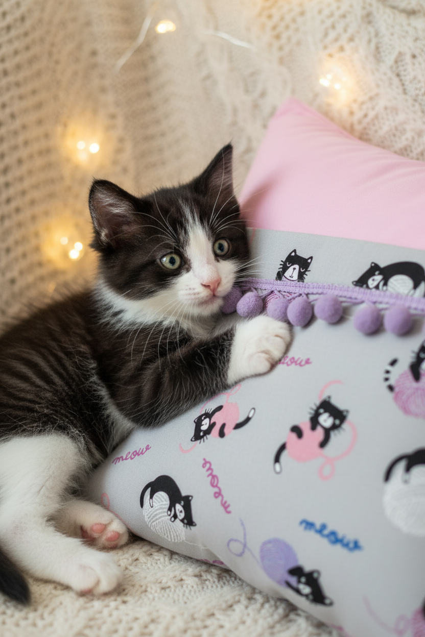 Whiskers & Wonder Reading Pillow Cover | Handmade Kitty Book Pillow with Storage Pocket