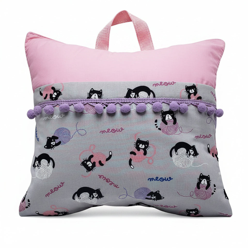 Whiskers & Wonder Reading Pillow Cover | Handmade Kitty Book Pillow with Storage Pocket